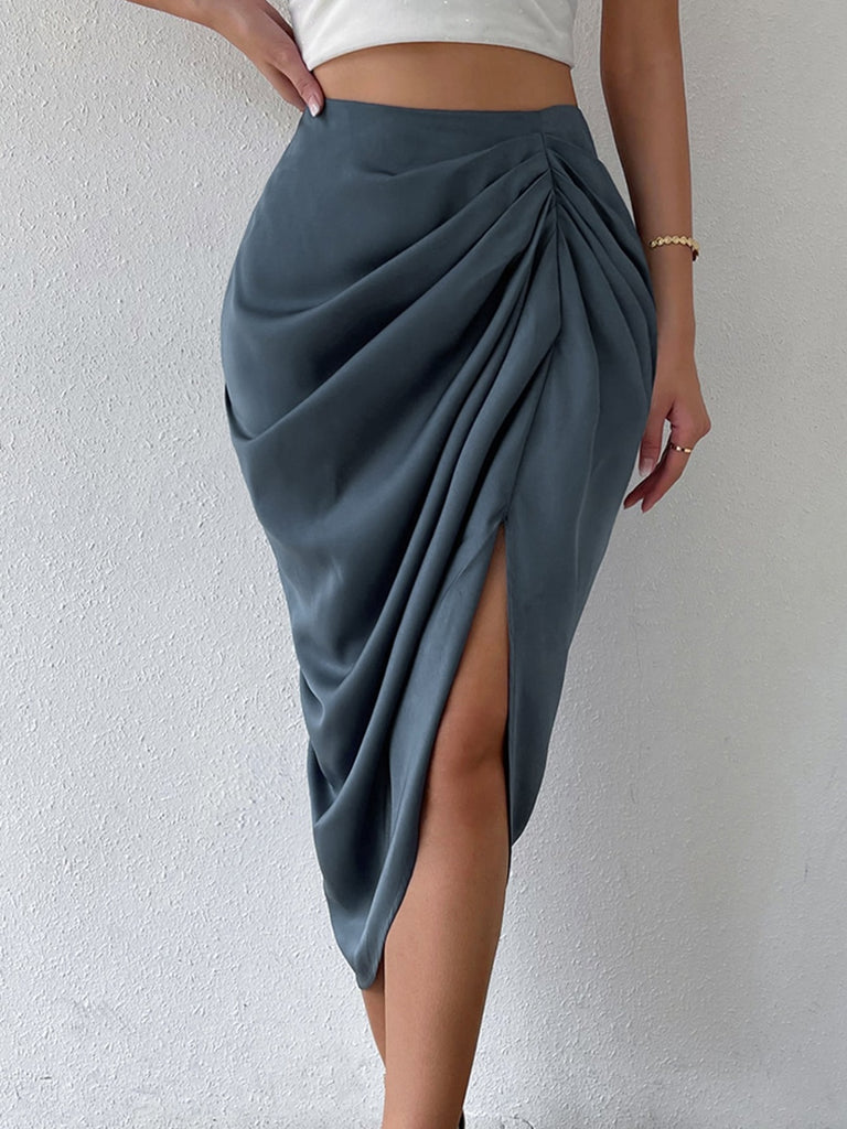 Ruched Slit High Wiast Skirt - Vacay Bae