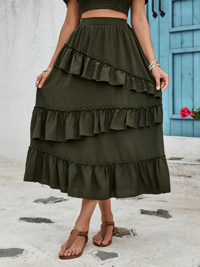 Ruffled Elastic Waist Midi Skirt - Vacay Bae