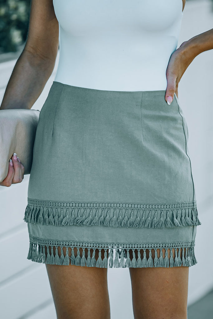 Zip-Back Tassel Hem Mini Skirt - Vacay Bae
