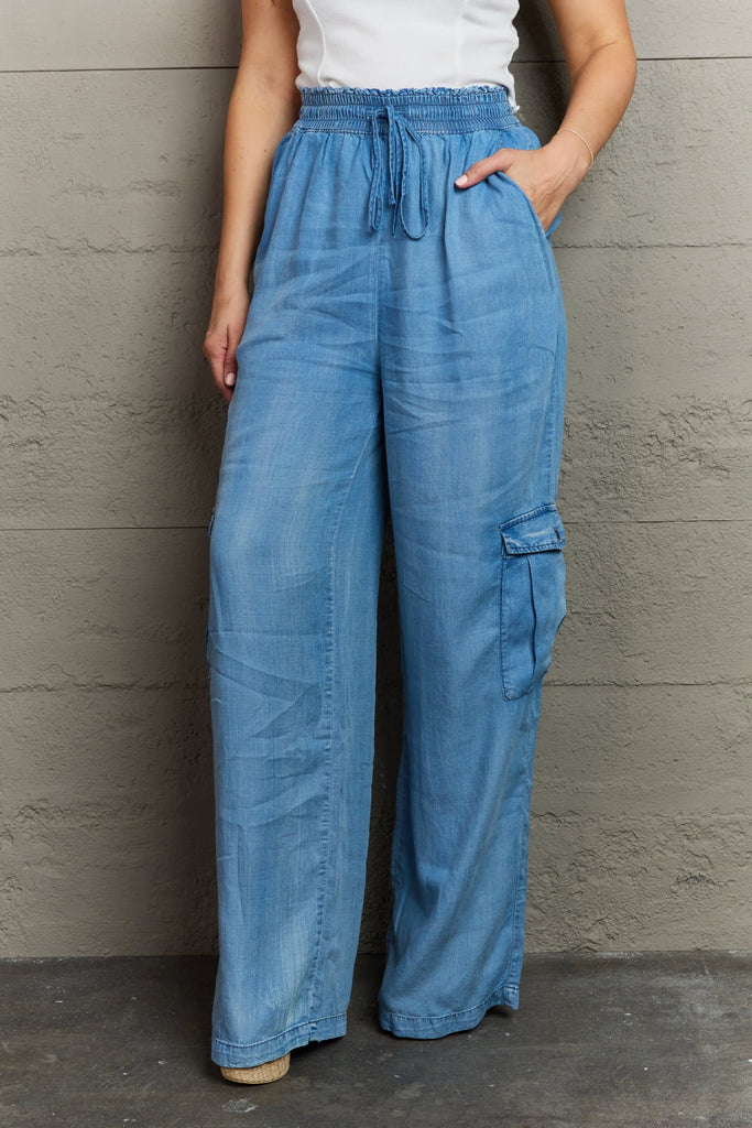 GeeGee Out Of Site Full Size Denim Cargo Pants - Vacay Bae